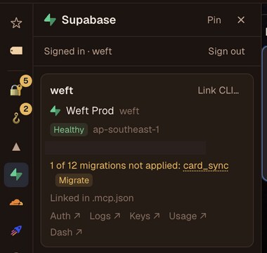 The Supabase drawer on the rail: linked project, healthy, one migration not applied, with a Migrate button