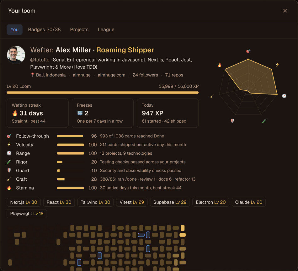 Your Wefter Profile: your wefter card, streak, attributes, stack levels and 26 weeks of activity as woven stitches