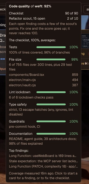 Hovering the code quality badge: tests, file size, lint, types, guardrails and docs, plus the scout's top findings
