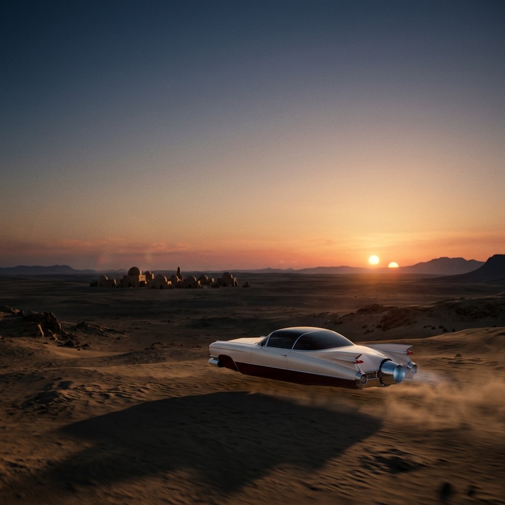 A white finned hovercar skimming a desert at sunset under twin suns