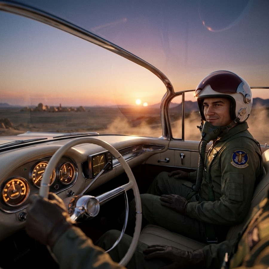 The copilot in a flight helmet, in the passenger seat beside you